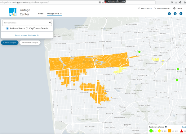 A browser showing a web page of PGE outage map showing most of west San Francisco.  The entire Golden Gate Park is shaded orange, as are several blotches in the Sunset, with ragged edges, on a scale of a mile or so each.  A few blocks in Parnassus and Duboce Triagle are yellow,  A legend shows that orange means 500-4999 and yellow means 50-499 customers affected.  A timestamp shown 2024-01-26 12:06.