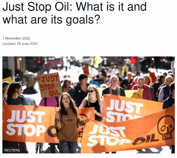 News headline above a Reuters-credited picture of a protest march with banners: Just Stop Oil. The headline is, Just Stop Oil: What is it and what are its goals?