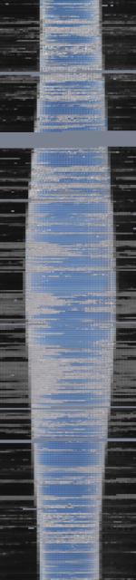 tall, skinny mosaic of tiny rectangles showing black sides and blue spindle shape in the middle