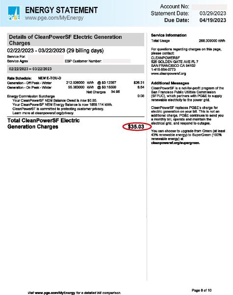PG&E Energy Statement Page 1.  Many fields are covered with gray boxes.  A red ellipse encompasses some fields near the top right corner