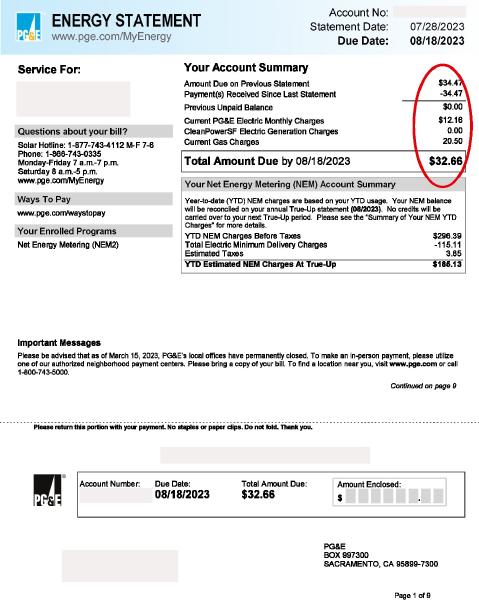 PG&E Energy Statement Page 1.  Many fields are covered with gray boxes.  A red ellipse encompasses some fields near the top right corner
