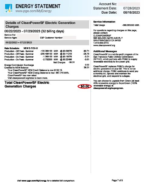 PG&E Energy Statement Page 7.  Gray boxes hide the Account No, Service For, and Service Agree—. Sections include NEM Charges Before Taxes and Cumulative NEM Balance by Month