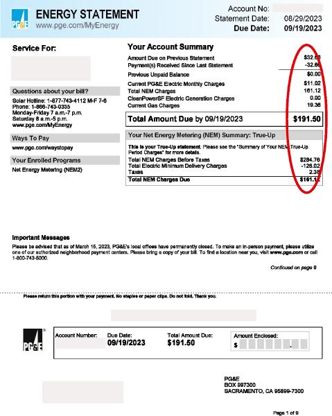 PG&E Energy Statement Page 1.  Many fields are covered with gray boxes.  A red ellipse encompasses some fields near the top right corner