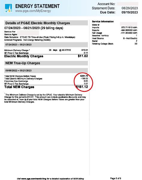 PG&E Energy Statement Page 5.  Many fields are covered with gray boxes.  A red ellipse encompasses a few fields.