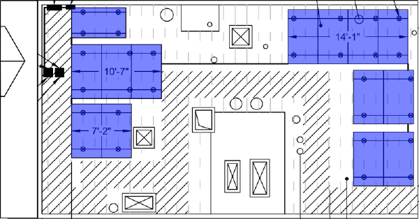 A black-and-white plot of a rooftop.  A rectangle filled with many smaller squares and circles.  A number of big blue squares sit in clear areas.