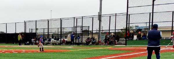 A green, red, and white-striped baseball field at the bottom.  In the lower left, a kid in a blue jersey stands at the front of the mound.  A spectator in a blue vest stands with their back facing us on the bottom right.  Tall black wire fencing fills most of the picture, with about a dozen spectators behind it, all wearing bulky clothing and many with hats.  Behind and above the fence, a very gray sky fills the top half of the picture.